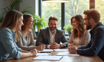 Famille souriante avec notaire dans un bureau lumineux
