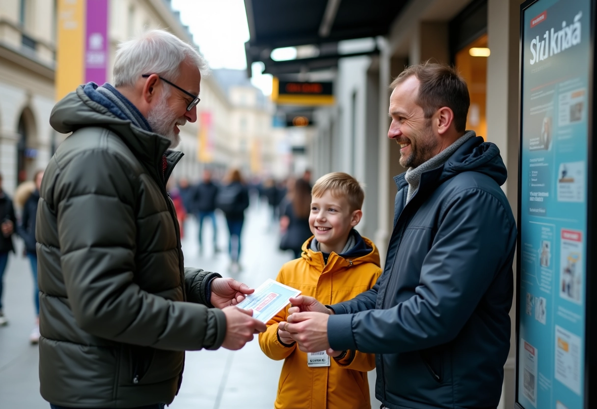 Famille souriante échangeant billets au musée en extérieur