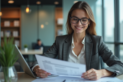 Femme d affaires concentrée analysant documents au bureau