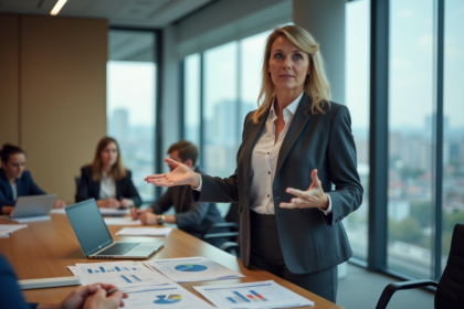 Femme d'affaires debout près d'une table avec graphiques