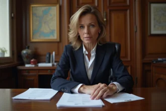 Femme en costume navy distribuant des papiers dans une mairie parisienne