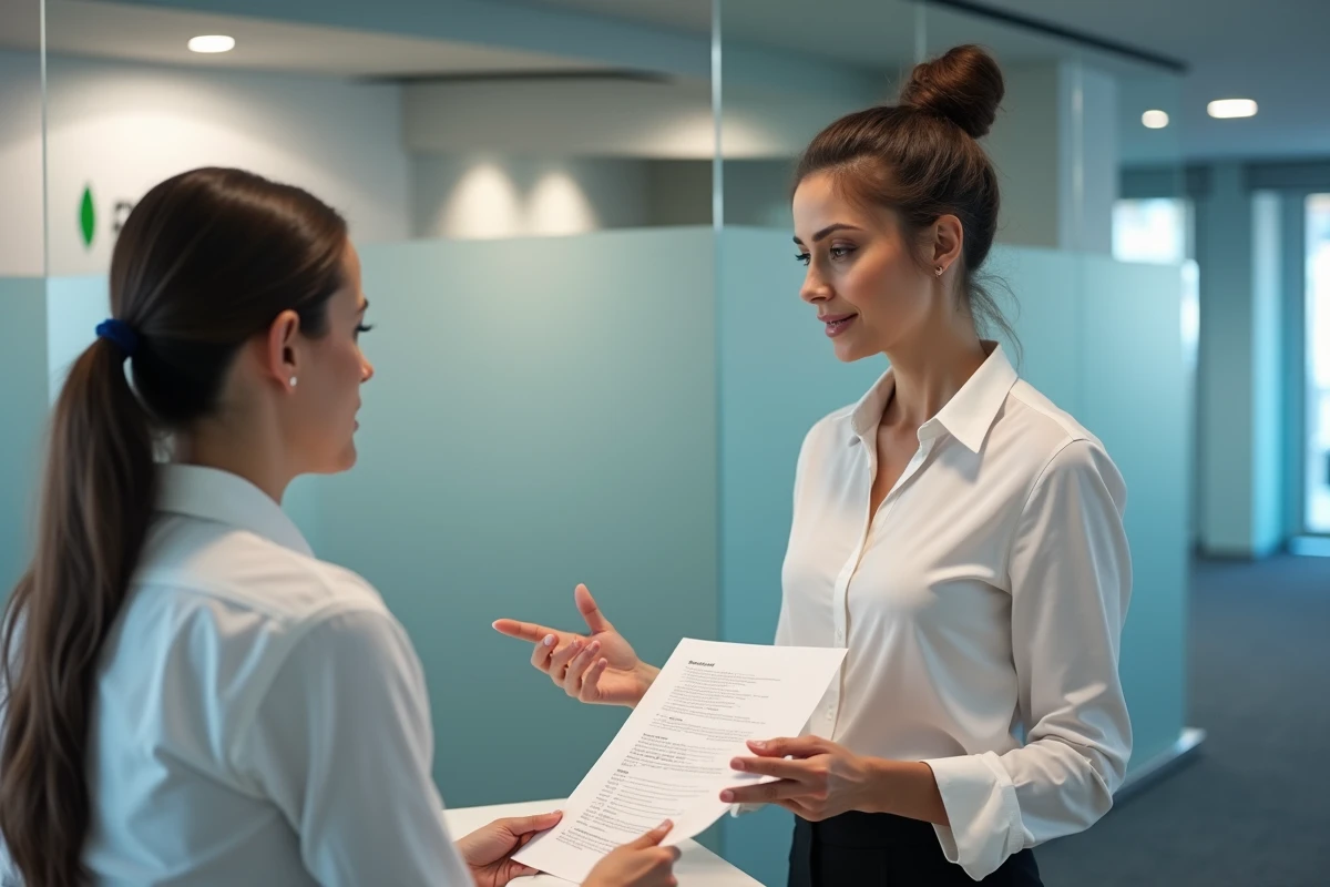 Femme en agence bancaire présentant un document à un conseiller pour signaler et bloquer un prélèvement REMISEREDUC non autorisé