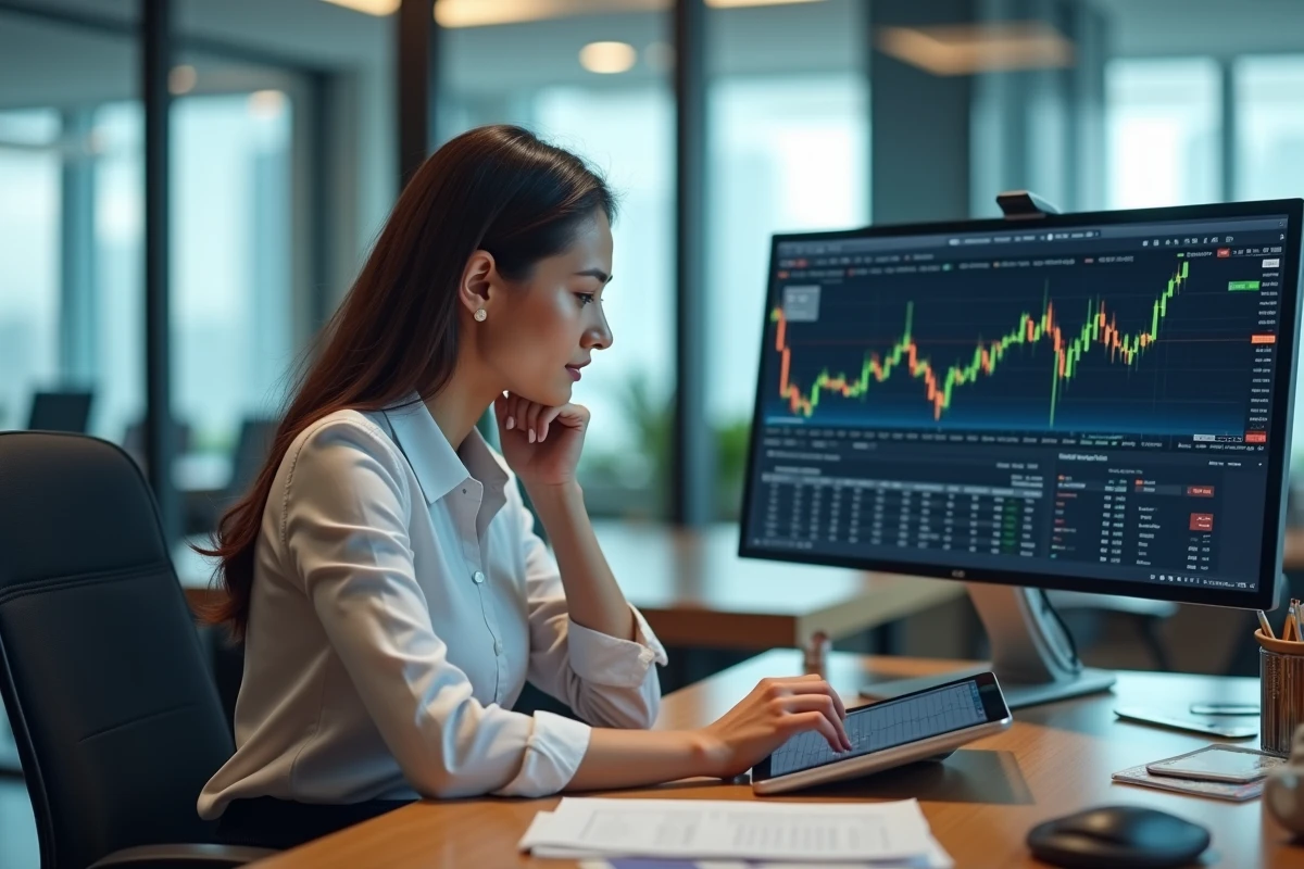 Femme professionnelle compare graphiques sur tablette et écran