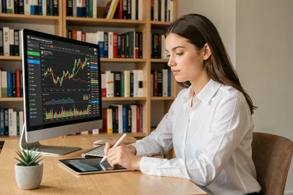 Jeune femme analysant les graphiques du CAC40 sur un écran d'ordinateur dans un bureau moderne
