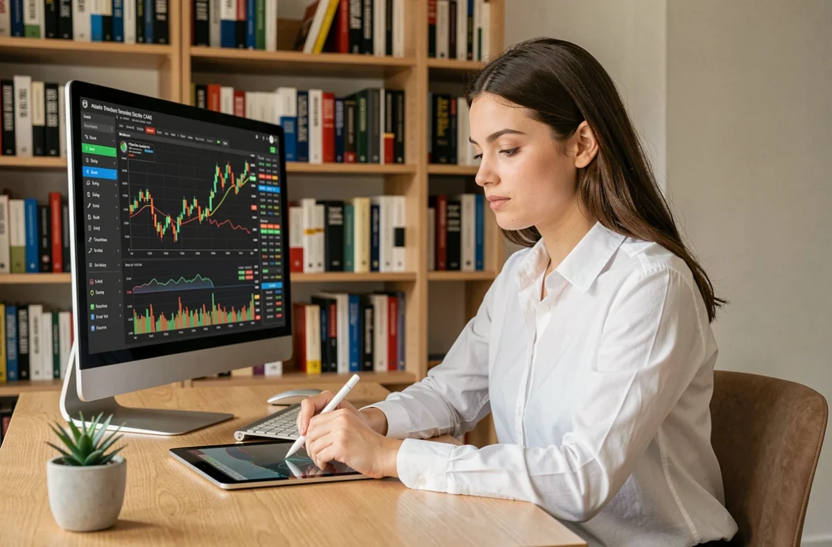 Jeune femme analysant les graphiques du CAC40 sur un écran d'ordinateur dans un bureau moderne