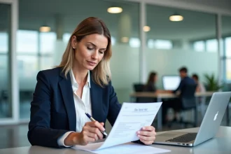 Femme suisse en bureau moderne analysant sa fiche de paie avec un stylo, illustration article salaire net Suisse