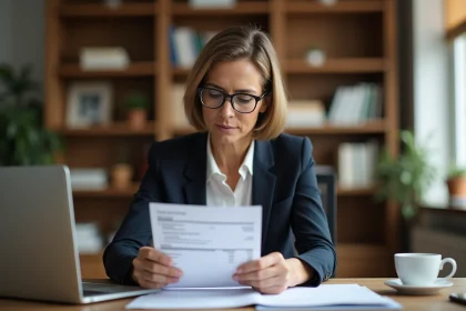 Femme cadre analysant une fiche de paie annotée à son bureau à domicile, illustration cotisations salariales 2026