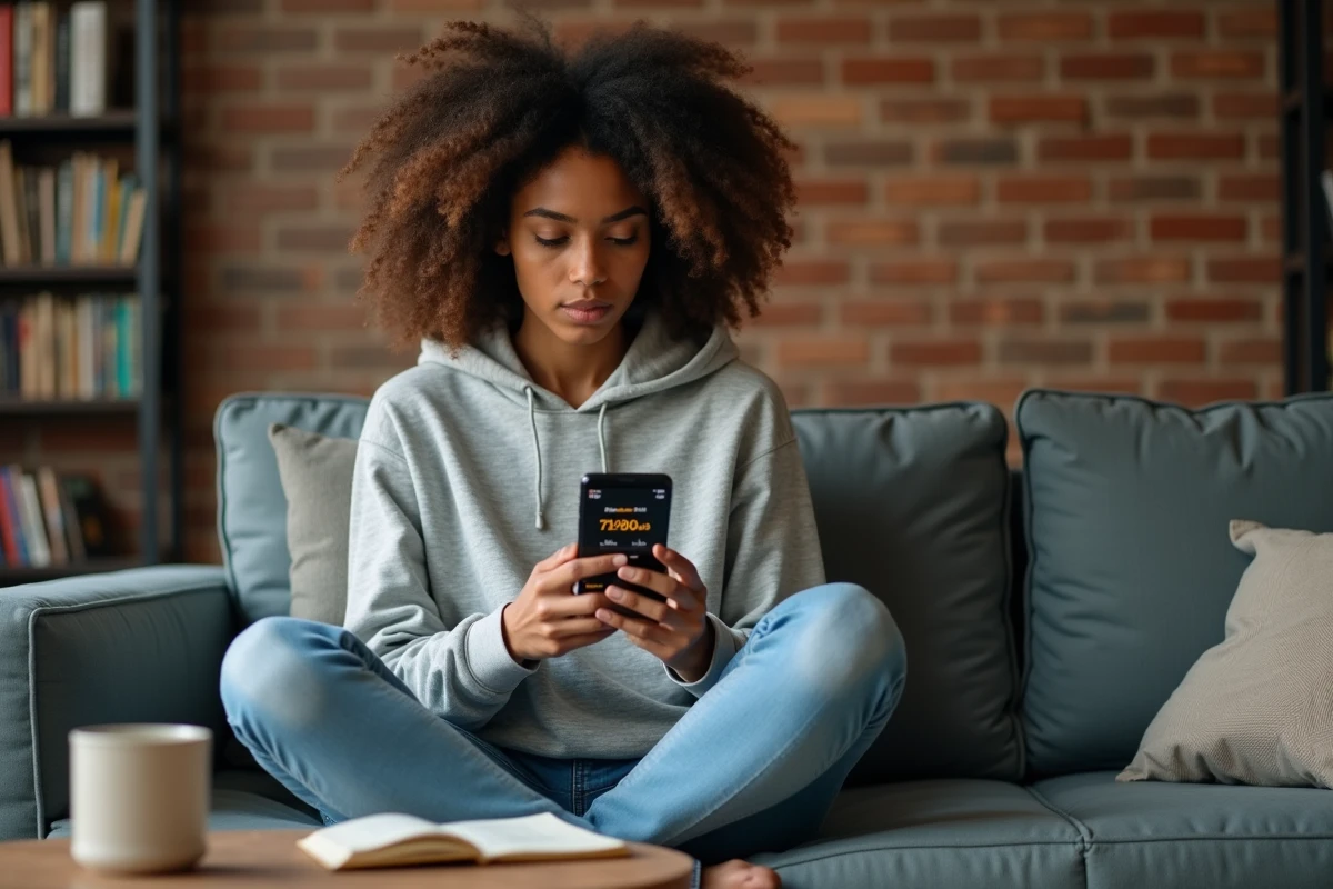 Jeune femme consultant l'application mobile eToro pour investir dans les cryptomonnaies depuis son salon