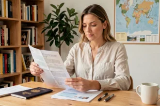 Femme consultant des documents d'assurance voyage et une demande de visa sur un bureau en bois à domicile