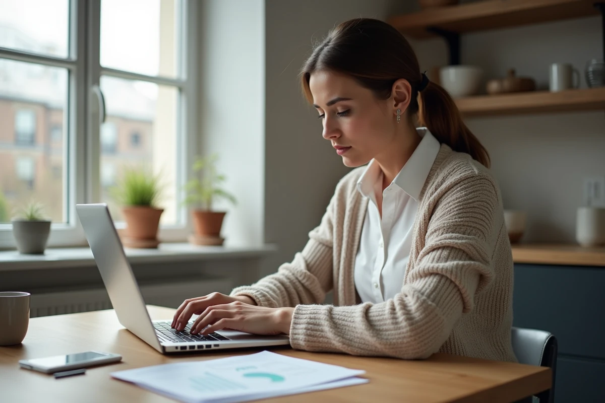 Femme dapproximativement trente ans travaillant à la maison