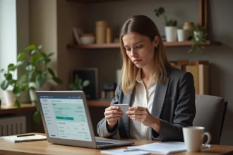 Femme examinant sa carte bancaire dans un bureau à domicile