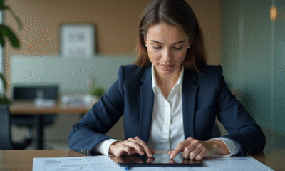Femme en banque consulte ses finances sur tablette