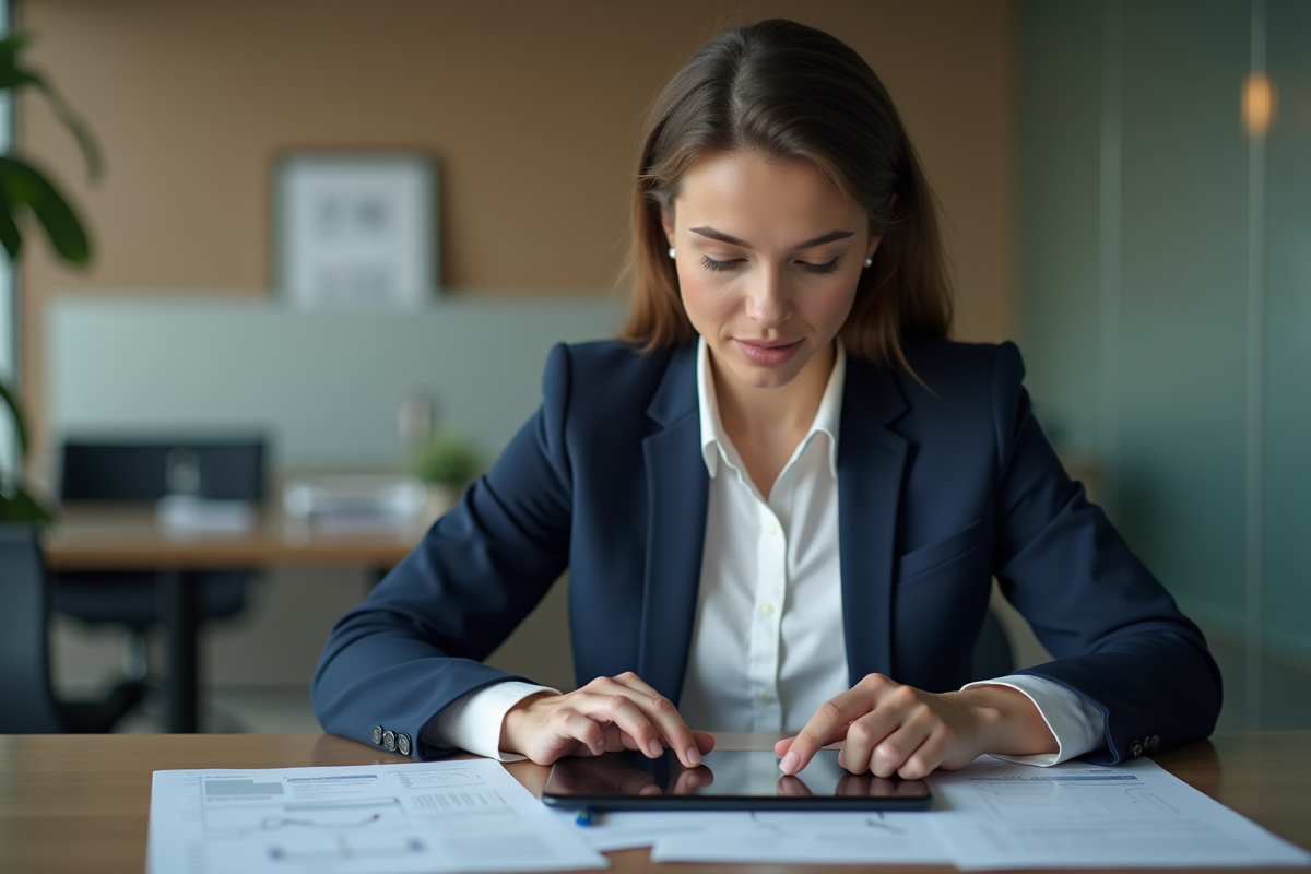 Femme en banque consulte ses finances sur tablette