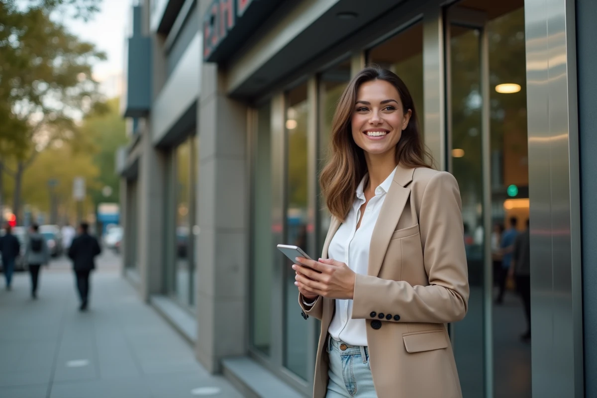 Femme souriante devant une agence bancaire en ville
