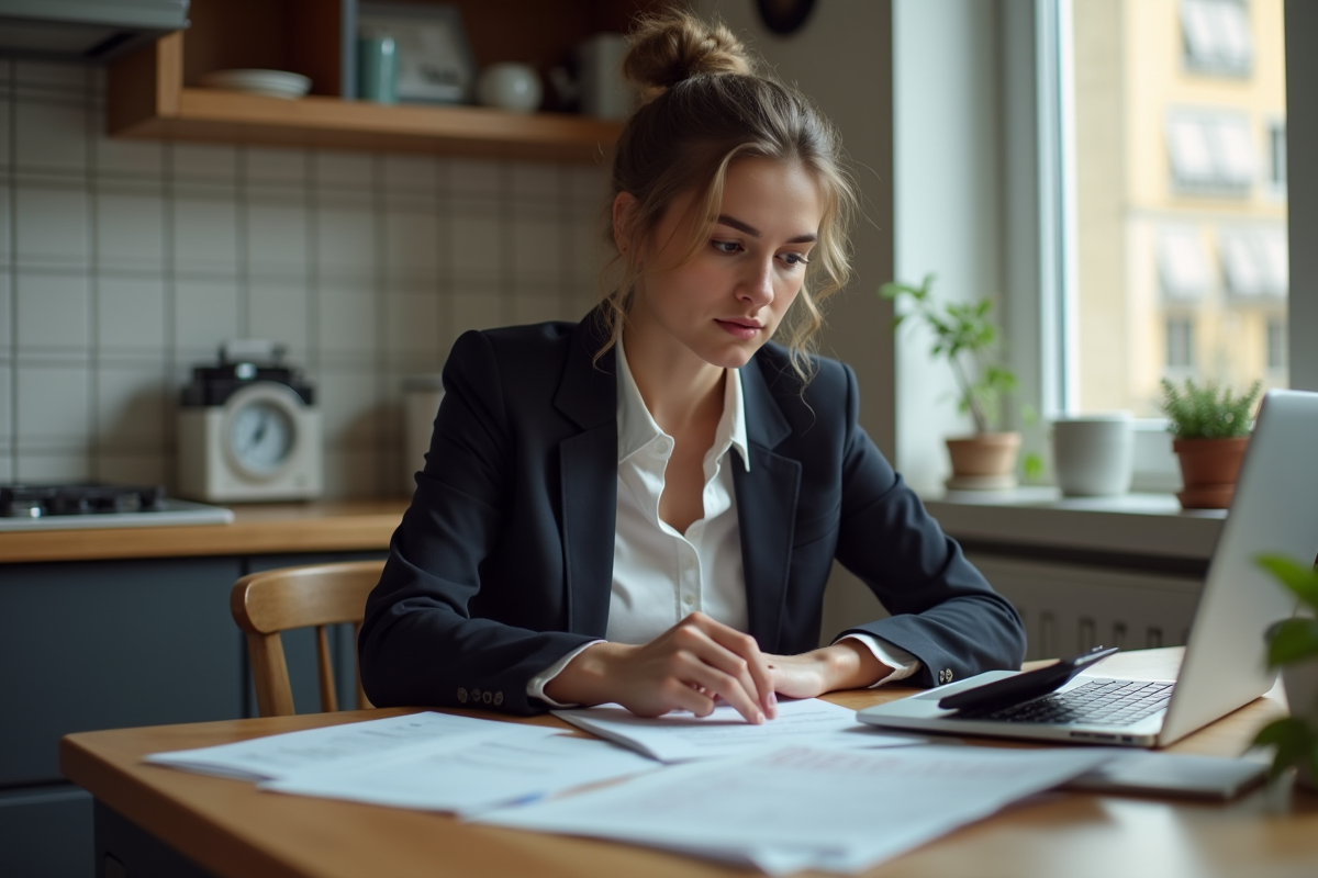 Jeune femme vérifiant ses factures à la maison