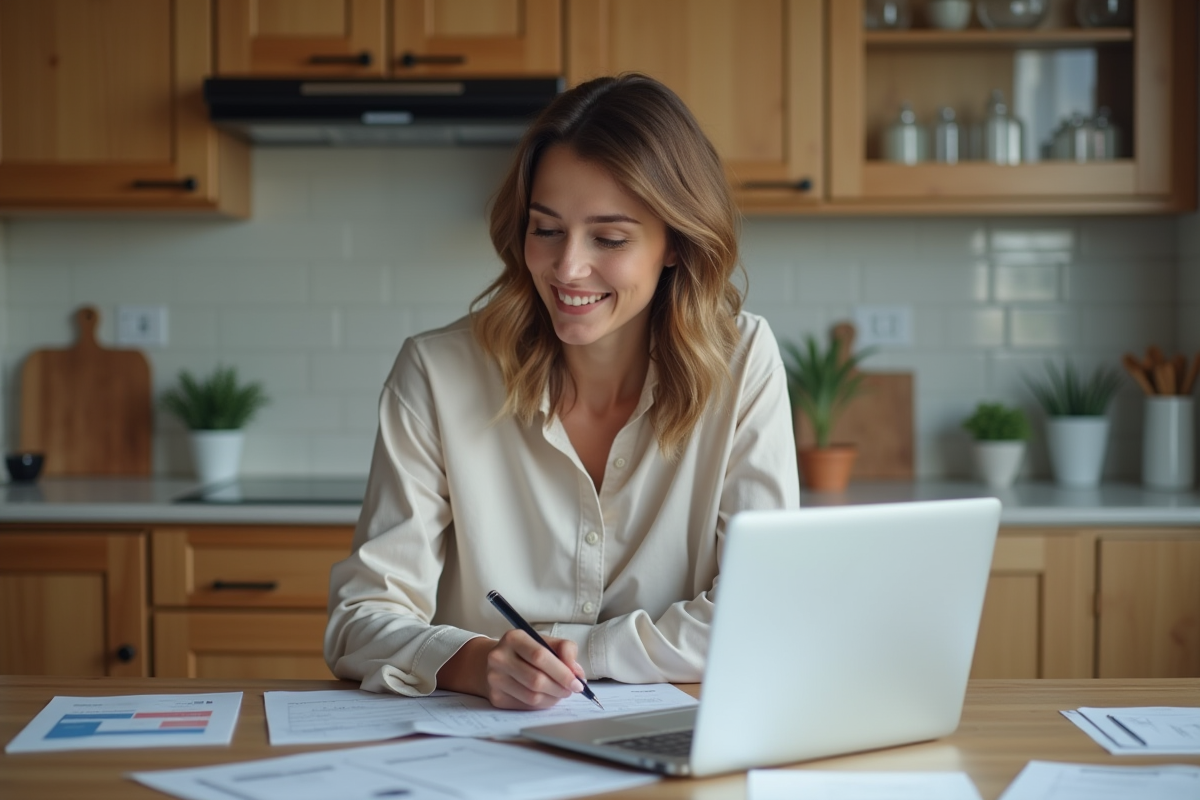 Femme organisée vérifiant ses factures dans une cuisine moderne