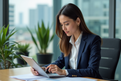 Femme confiante en bureau avec tablette et checklist