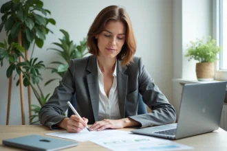 Femme d'âge moyen au bureau remplissant un formulaire