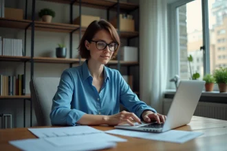 Femme au bureau moderne travaillant sur un ordinateur