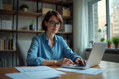 Femme au bureau moderne travaillant sur un ordinateur