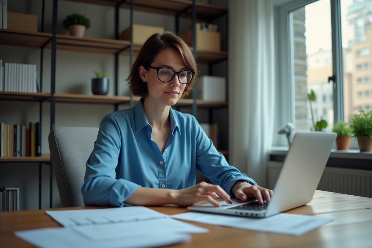 Femme au bureau moderne travaillant sur un ordinateur
