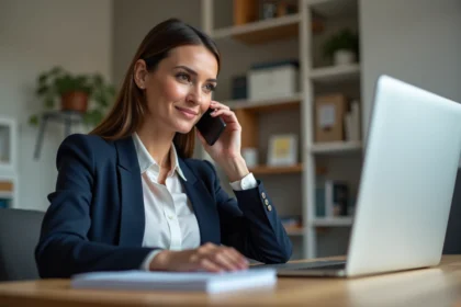 Femme en bureau moderne tenant un smartphone à l'oreille