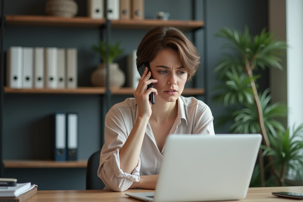 Femme au bureau parlant au téléphone avec concentration