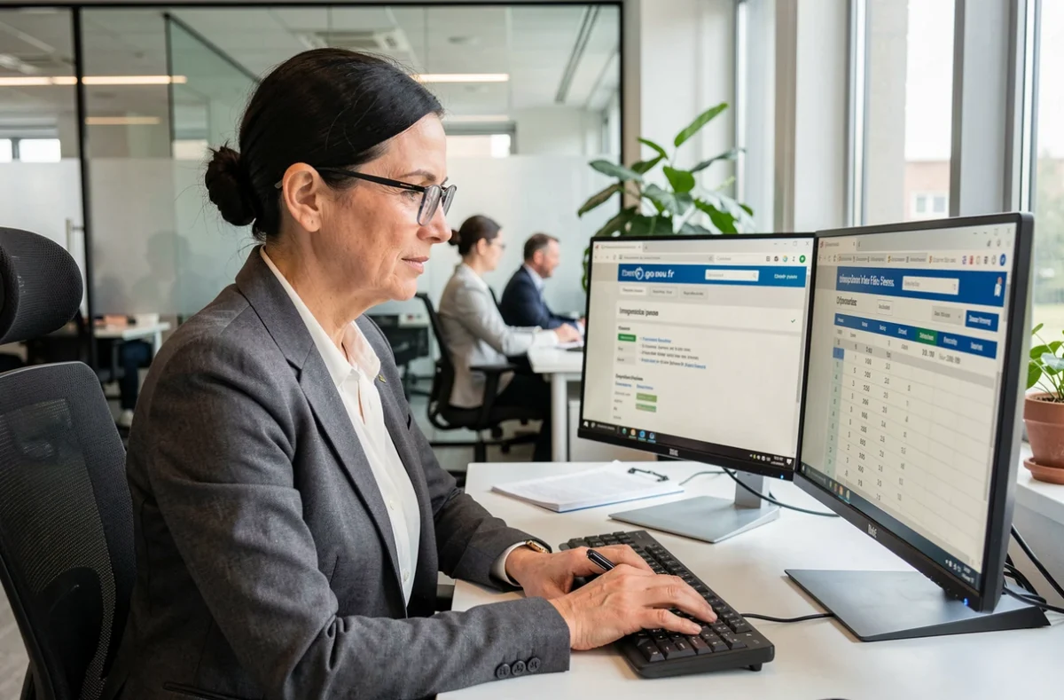Une femme cadre remplit sa déclaration d'impôts sur les heures supplémentaires depuis son poste de travail en open space