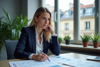 Femme cadre analysant des statistiques de salaire moyen en France dans un bureau moderne parisien
