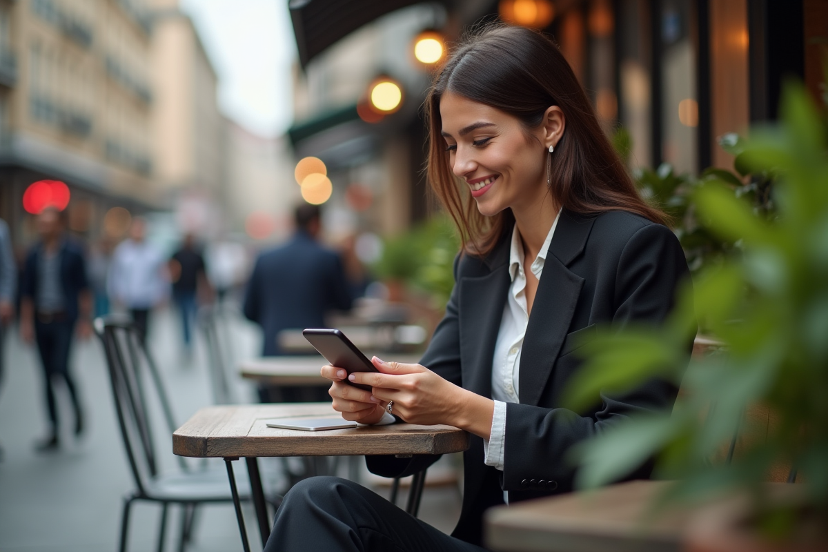 Femme souriante vérifiant des graphiques de cryptomonnaie au café