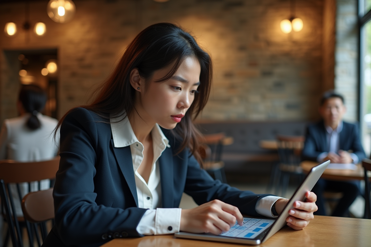 Femme au café utilisant une tablette avec graphiques crypto