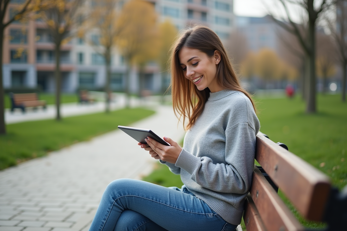 Femme souriante vérifie ses calculs de prêt immobilier dans un parc