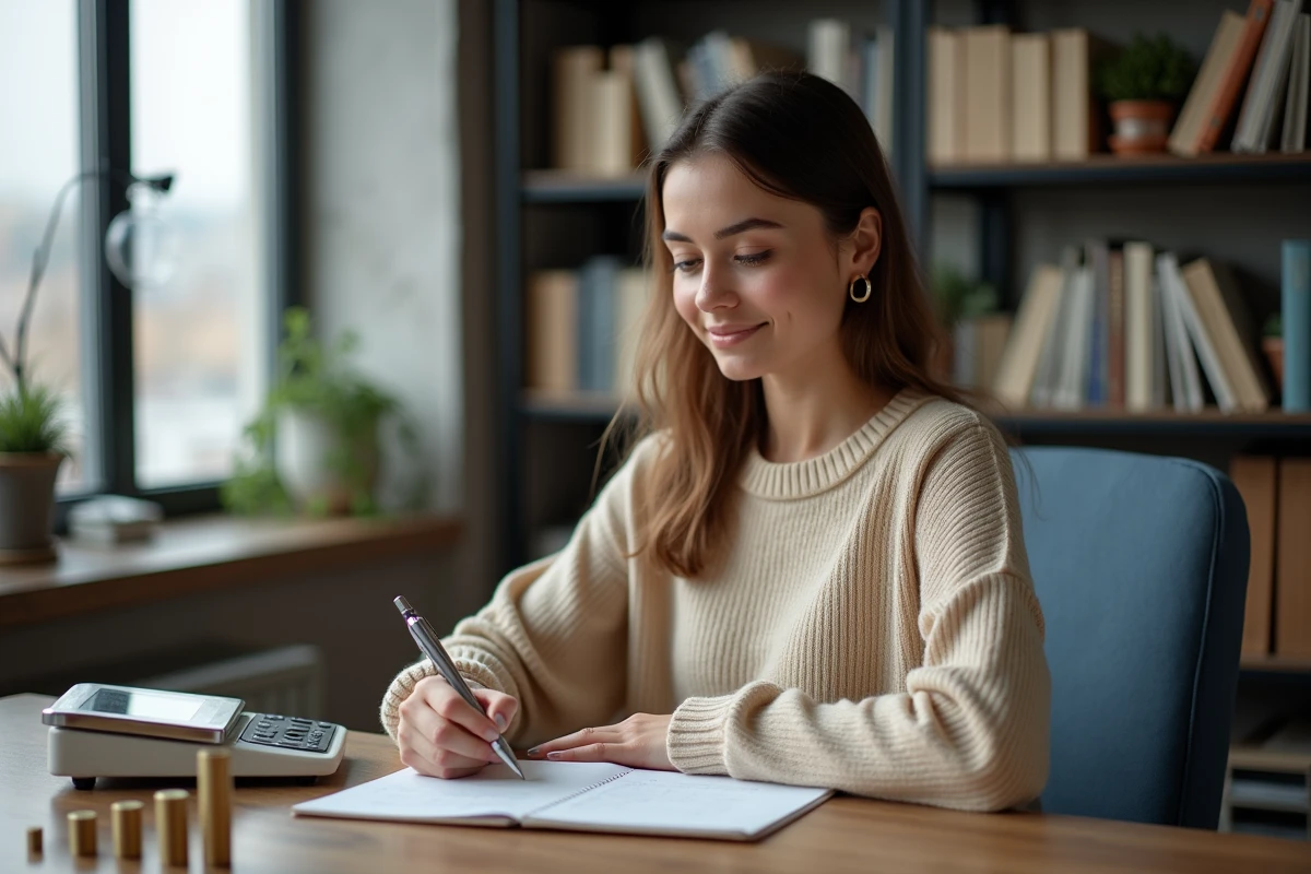Jeune femme calcule prix de revente au bureau