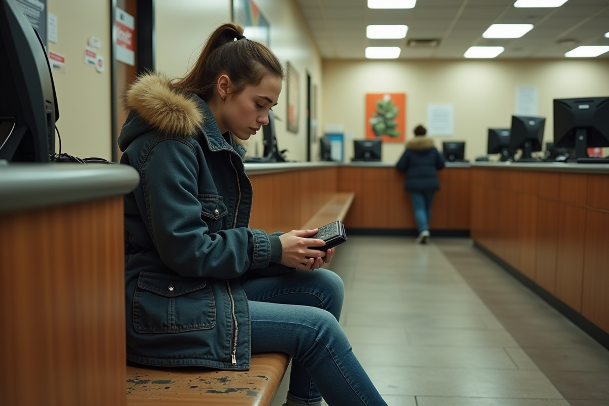 Jeune femme dans une banque vétuste vérifiant son portefeuille