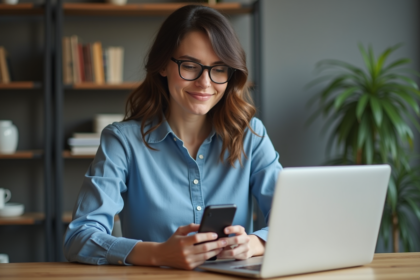 Femme confiante utilisant son smartphone dans un salon moderne