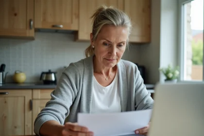 Femme consultant un document CAF sur son ordinateur portable dans sa cuisine, cherchant à comprendre la date de paiement de ses allocations