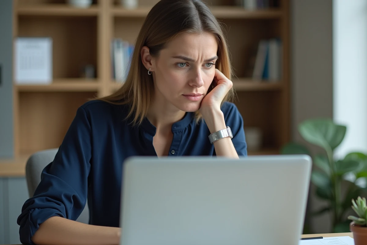 Femme hésitante devant un écran d'ordinateur consultant un formulaire de prêt en ligne, symbolisant les questions liées au crédit trésorerie sans justificatif