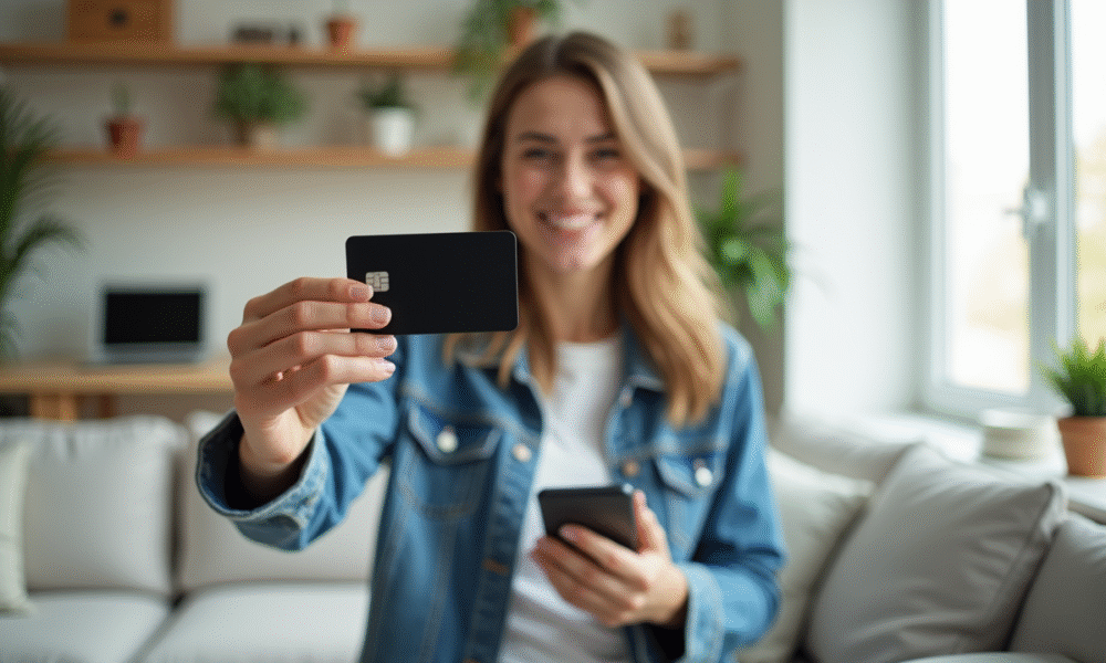 Jeune femme souriante avec carte contactless et smartphone
