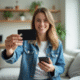 Jeune femme souriante avec carte contactless et smartphone