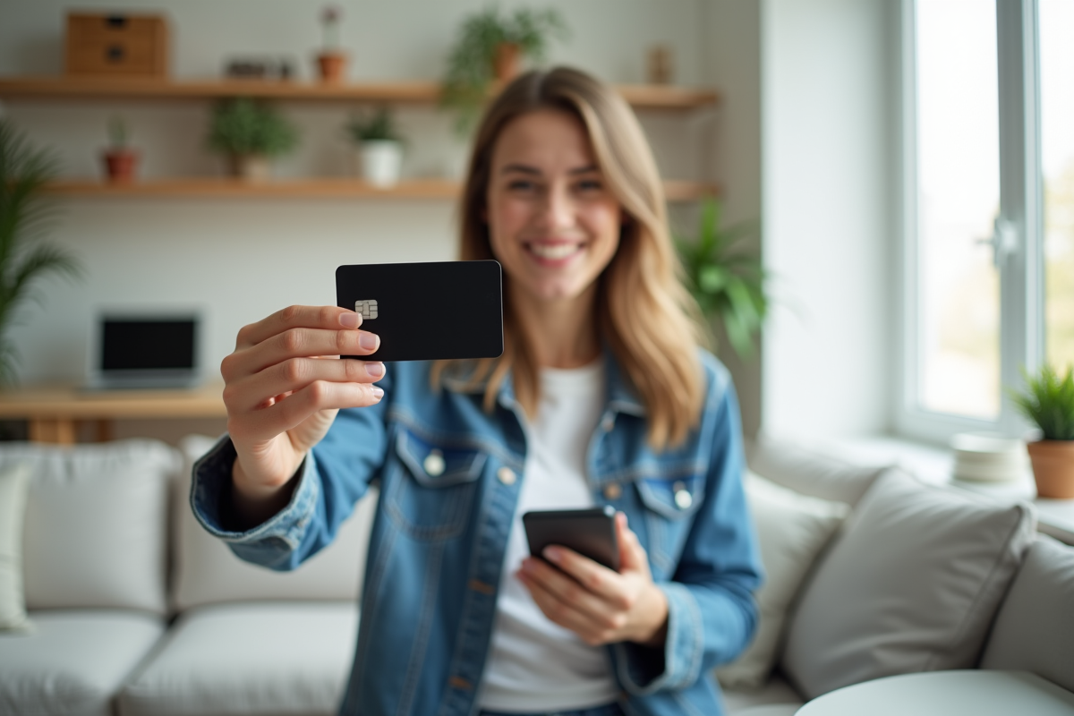 Jeune femme souriante avec carte contactless et smartphone