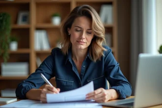Femme consultant son contrat d'assurance Matmut à son bureau pour décider entre résiliation et renégociation