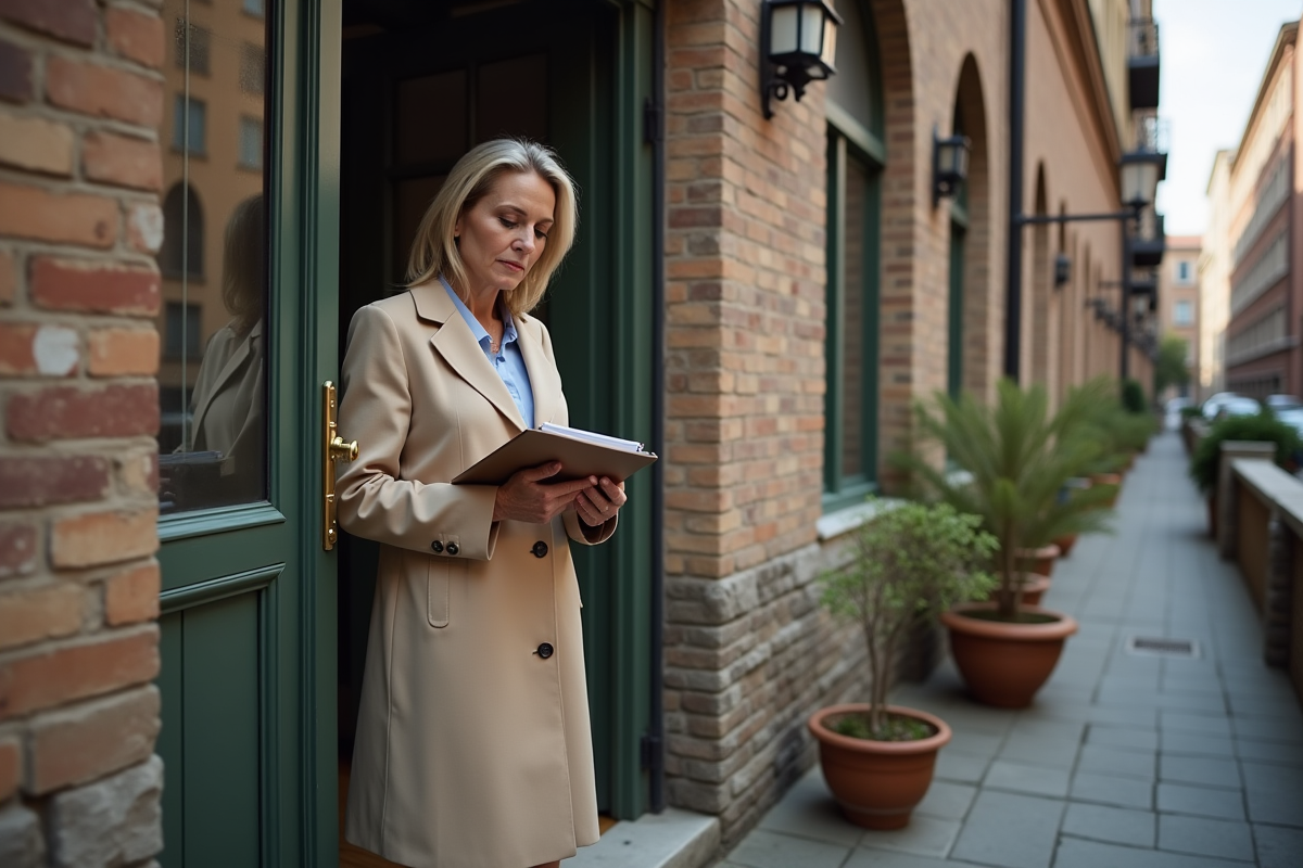 Femme en trench ouvrant la porte d