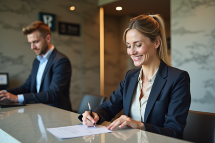 Femme d affaires souriante remplissant un bordereau à la banque