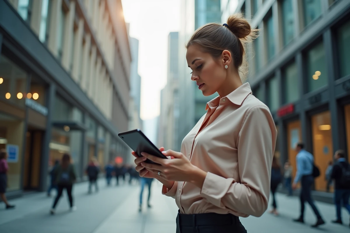 Femme professionnelle vérifiant taux EUR DZD en extérieur