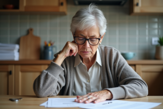 Femme âgée examinant des documents de retraite à la maison