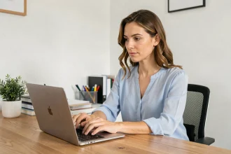 Femme qui rédige un email de contact Cetelem depuis son bureau à domicile