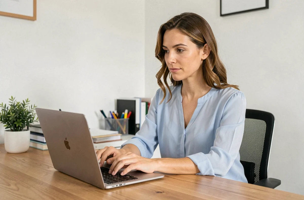Femme qui rédige un email de contact Cetelem depuis son bureau à domicile