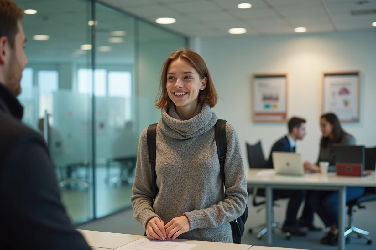 Femme étudiante discutant au guichet administratif