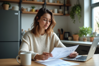 Femme analysant documents financiers dans une cuisine