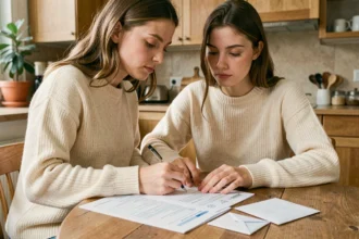 Jeune femme remplissant un formulaire de remboursement mutuelle pour une prime de naissance